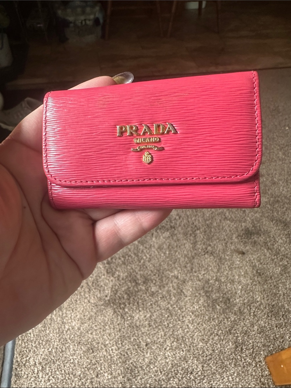 Prada Coral Pink Saffiano Leather Key/Card Wallet with Gold Logo
